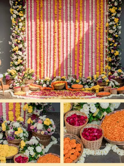 A collage of the vibrant Haldi decor, featuring walls of flowers and baskets of fresh petals.