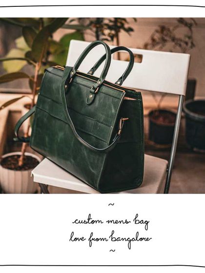 A custom men's bag in Avocado green, beautifully photographed by our patron in Bangalore. This was a gift for her husband.