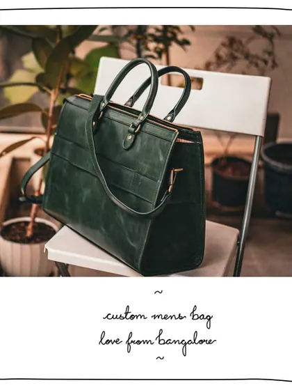 Another angle of the custom men's briefcase in a rich Avocado green. This view shows the clean lines of the back and the sturdy construction, designed to be both stylish and durable for daily professional use.