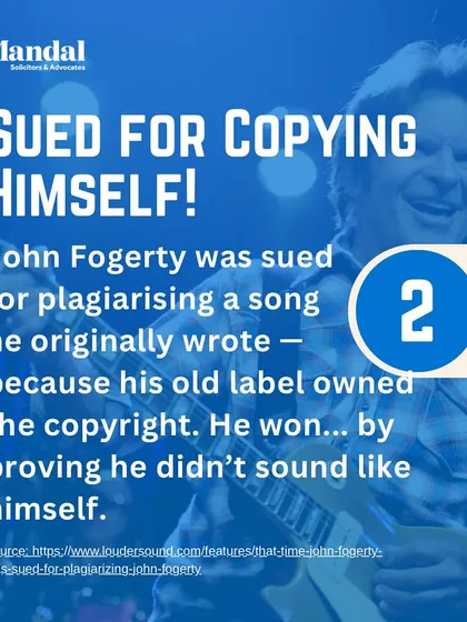 John Fogerty was sued for plagiarising a song he wrote himself because his old label owned the copyright. He won by proving his new song did not sound like his old work.