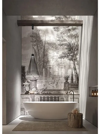 A single Ikonika pendant hangs over a luxurious bathtub, its simple form complementing the classic mural and modern fixtures. This demonstrates its versatility in even the most private spaces.