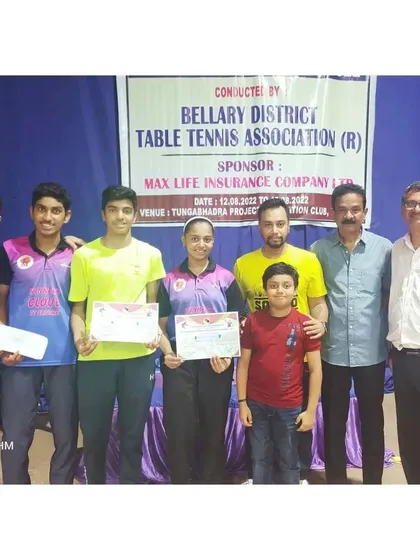A group photo with our team and coaches at the Bellary District State Ranking Tournament, celebrating multiple podium finishes.