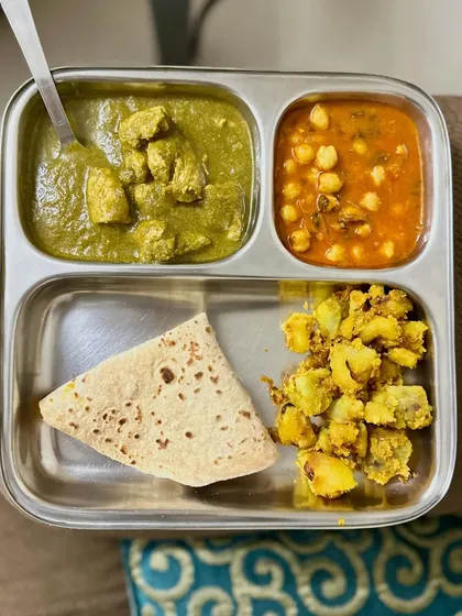 A repeat of my balanced meal with chicken saag, channa masala, chapati, and sautéed potatoes.