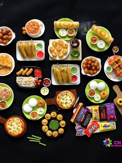 A beautiful flat lay of my most popular miniatures, including pizza, dosa, and chocolates.
