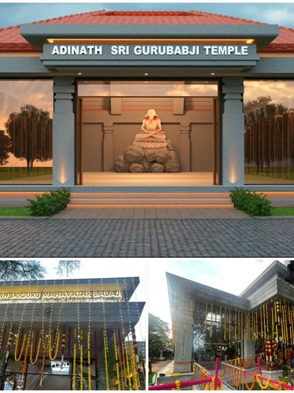 A collage showing the Adinath Sri Gurubabji Temple from concept to reality. The top render shows the clean, modern interpretation of a Dravidian temple, while the bottom photos show the completed structure adorned for a ceremony.