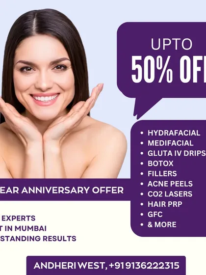 Celebrating my clinic's first anniversary with a big thank you to my clients. This graphic announces up to 50% off on a wide range of services, from HydraFacial to CO2 Lasers.