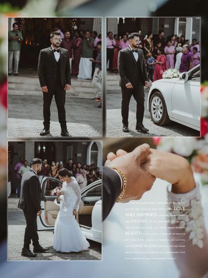 A collage capturing the groom's arrival and the tender moment he helps his bride from the car, showcasing the start of their journey together.