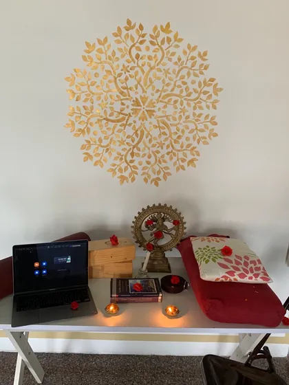 This was our setup for Ayudh Pooja, where we honor the tools of our practice. Post Covid, our laptops and the Zoom app have become essential tools, connecting us with our online students.