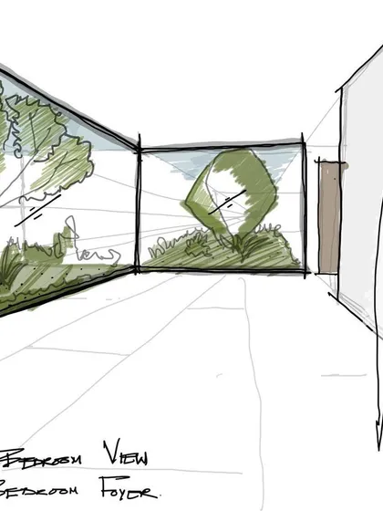 An early concept sketch exploring the view from a master bedroom foyer. We use these drawings to establish key sightlines and the connection to outdoor spaces, ensuring the final design feels intentional and connected to nature.