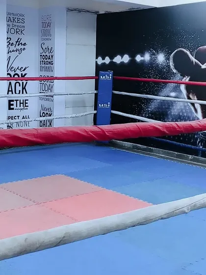 A view of our boxing ring, where students learn sparring, ring craft, and put their skills to the test.