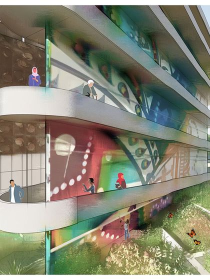 The COE proposal features multi-level open corridors that look out onto the landscape. The facade becomes a canvas for art, while the open design connects occupants to the surrounding butterfly gardens and green spaces.