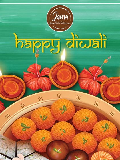 Happy Diwali! A festive graphic showcasing our Motichoor Laddoos and other sweets, perfect for celebrating the festival of lights.