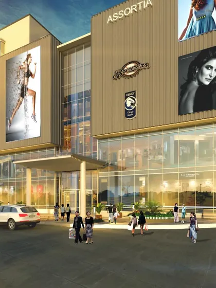 The main entrance view for our proposed "Assortia" mall in Patna. The design features a multi-story glass atrium to create a grand sense of arrival and large-format panels for retail branding.