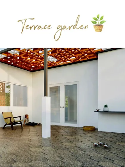 An inviting terrace garden designed for relaxation and family time. The geometric wooden pergola provides partial shade, creating a comfortable outdoor living room that feels like a natural extension of the home.