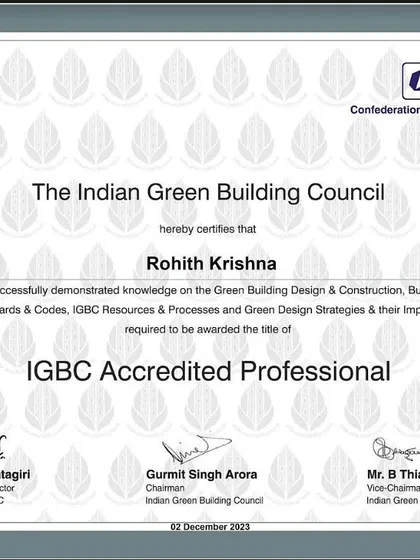 Another feather in our cap. Our Principal Architect, Rohith Krishna, is now an IGBC Accredited Professional, reinforcing our commitment to green building design and sustainability.