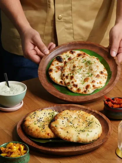 A server presenting freshly made naan and kulcha. This image emphasizes the freshness of the bread and the welcoming service.