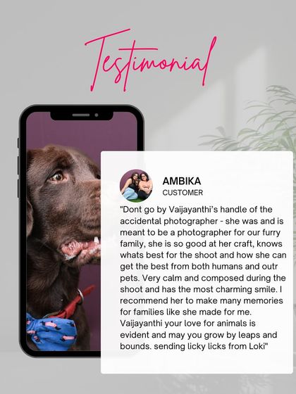 A glowing testimonial from Ambika, owner of Loki, who says I was "meant to be a photographer for our furry family."