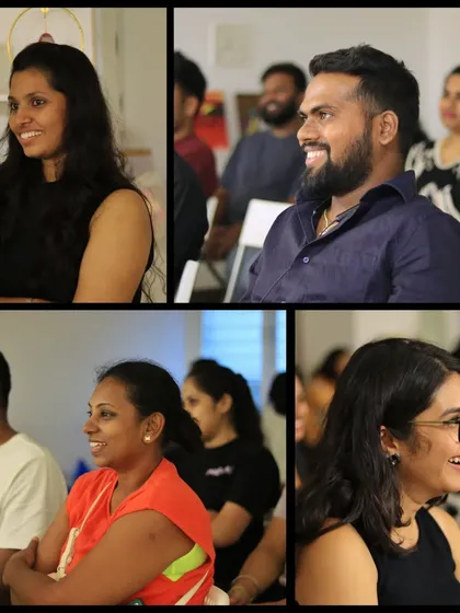 A collage of smiling and laughing faces from the audience. Your happiness is our biggest reward.