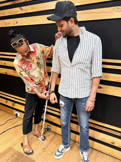 The real work starts long before the camera rolls. This is me taking measurements for Yuvraj Hans for 'Munda Rockstar'. A perfect fit is non-negotiable for making an actor comfortable and confident in their role.