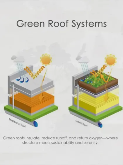 An explanation of green roof systems. This diagram compares a traditional roof to a green roof, showing how living vegetation can insulate, reduce runoff, and return oxygen to the environment.