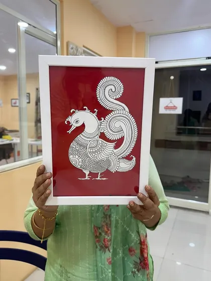 This beautiful Kalamkari artwork, with its fine lines and traditional motifs, was created in one of my Indian folk art workshops. I guide you step by step to create a piece you can proudly frame.