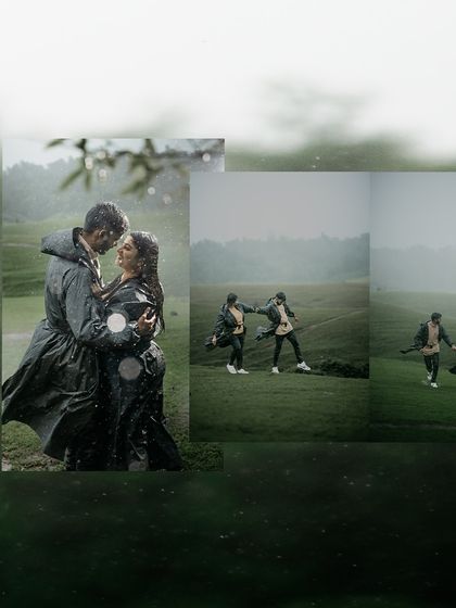A dynamic collage capturing the movement and emotion of a couple running and embracing in the rain.