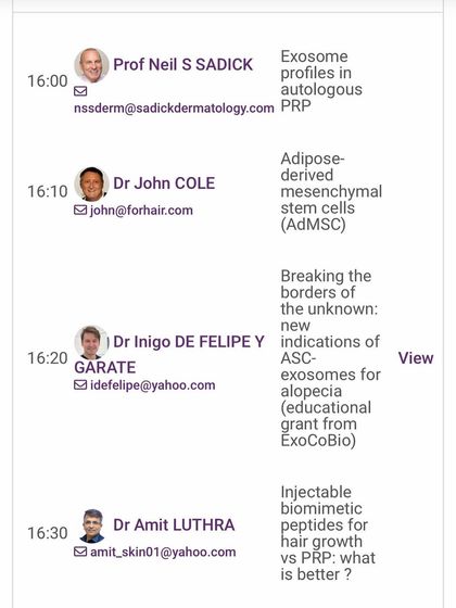My speaking schedule at IMCAS Paris, where I discussed the latest advancements in hair restoration, comparing injectable peptides with traditional PRP treatments.