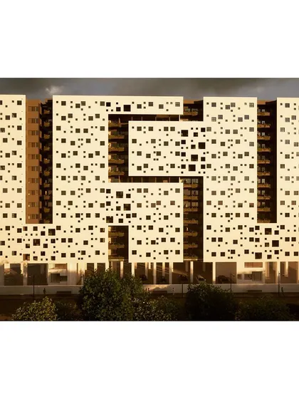 A render exploring facade patterns for an affordable housing project. The design uses a seemingly random array of square openings to create a visually interesting screen that provides privacy and shade.