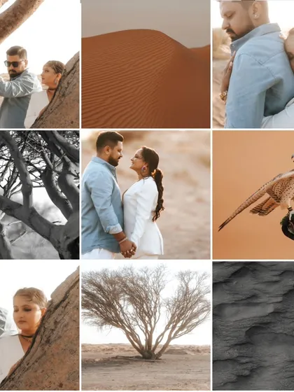 A mood board-style collage from a desert pre-wedding shoot, featuring couple portraits, landscape details, and even a falcon to capture the complete essence of their Dubai adventure.