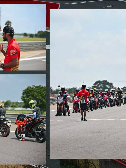 A collage showcasing the various elements of our track school event, from on-track action and coaching to group photos, all under the guidance of our chief instructor.