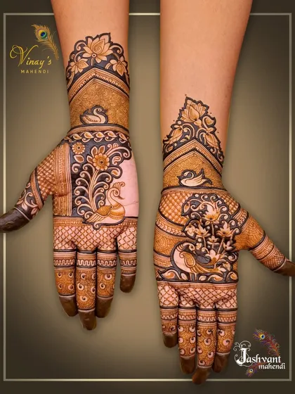 A beautiful asymmetrical design featuring peacocks and swans against a mix of latticework and negative space.