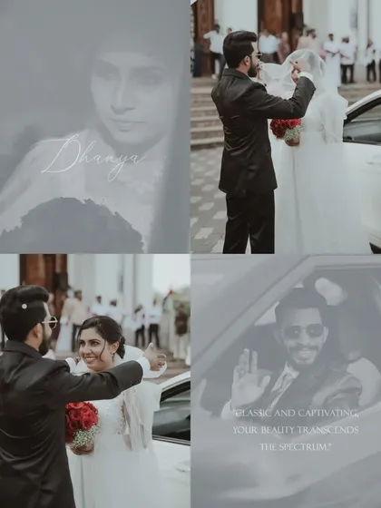 A creative collage capturing various moments of the wedding day, from a close-up of the bride to the groom waving from the car.