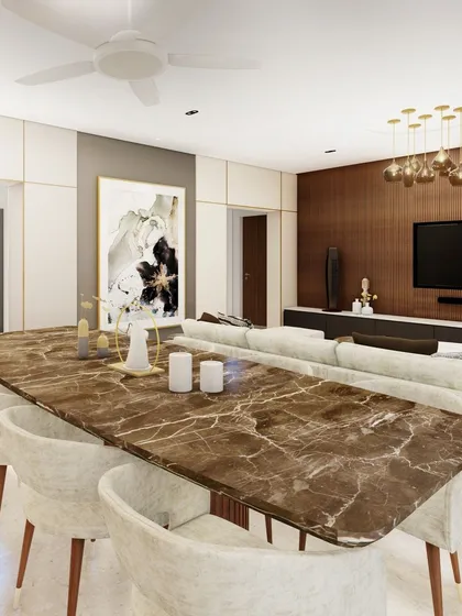 Our design process starts with a clear vision. This concept render shows how we plan the flow of a space, integrating the living and dining areas with features like a statement marble table and a custom bar unit to create a cohesive, modern home.