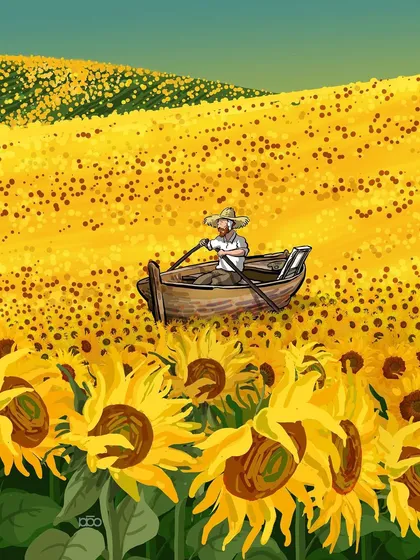 A surreal and hopeful image where I turn a field of sunflowers into a vast, golden ocean. Vincent rows his small boat through the waves of yellow, a solitary figure on a journey through a world of his own making. This piece is about navigating life by the compass of your own dreams and passions.