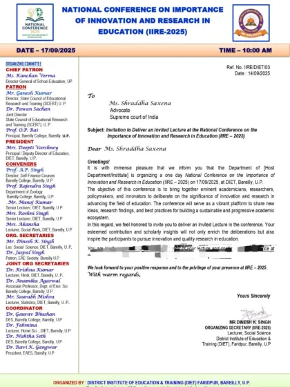 An official invitation to deliver a lecture at DIET Bareilly on Innovation and Research in Education. I believe legal knowledge is a crucial part of a well-rounded education.