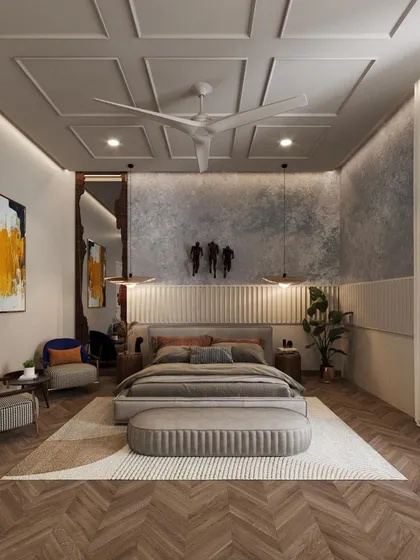 Your bedroom should be your personal retreat. In this visualization, we've crafted a sophisticated master bedroom with a textured accent wall, elegant coffered ceiling, and a balanced mix of modern furniture and art. We use visualization to perfect the color palette and layout to ensure a tranquil and stylish space.