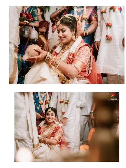 A collage of the bride during her wedding ceremony, surrounded by family. These shots capture the community and love that are central to Indian weddings.