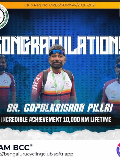 We congratulate Dr. K. Gopalakrishna Pillai on his incredible achievement of 10,000 km lifetime. We look forward to more rides and milestones with you.