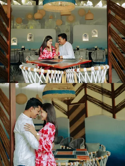 Two romantic scenes from a cafe pre-wedding session. Whether sharing a look across the table or a quiet embrace, their connection is undeniable.