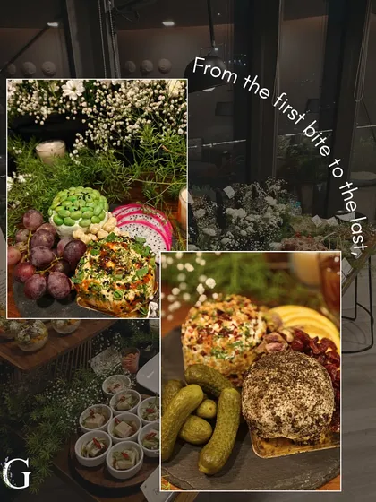 "From the first bite to the last." This collage highlights the detailed presentation of our cheese balls and other gourmet items, promising a delightful experience throughout your event.