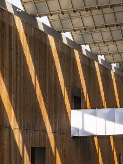 Sunlight creates strong diagonal shadows across a wood-clad facade, demonstrating the dynamic relationship between our buildings and the natural elements.