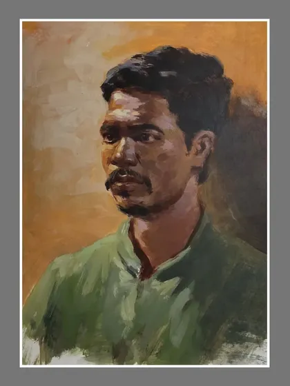 The full, high-quality image of the acrylic portrait sketch, showing the texture of the paper and the brushwork.
