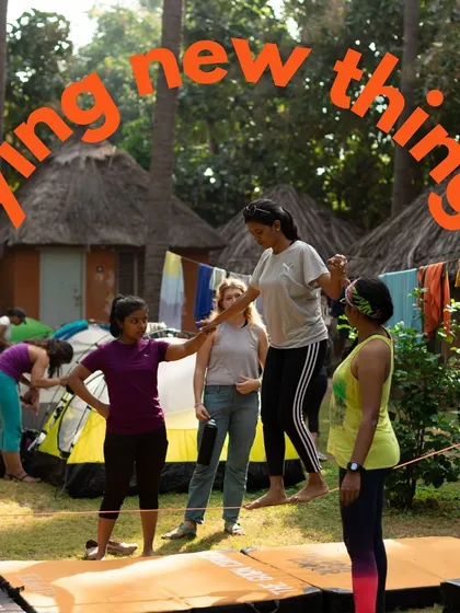 It’s not all climbing! We fill our days with activities that build balance, focus, and community. Here, our participants are trying out slacklining at the campsite, a fun way to improve balance for climbing.