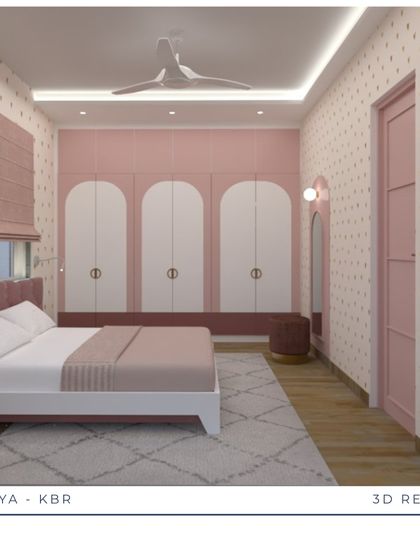 This 3D render shows another view of the pink-themed kid's bedroom, focusing on the arched wardrobe design and color palette. We use these detailed renders to perfect every element, from hardware to lighting placement.