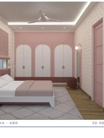 A Dreamy Pink Room Comes to Life: From a playful mood board of pinks and golds to detailed 3D renders, see how we brought this whimsical kid's bedroom to life. The final room, with its arched wardrobe details and integrated study, is a perfect match to the initial vision.