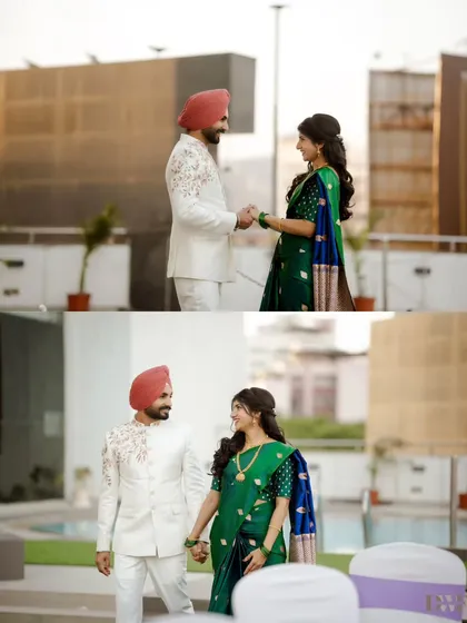 A collage of the couple walking hand-in-hand by the pool. The mix of the groom's Punjabi sherwani and the bride's Maharashtrian saree is a visual delight.