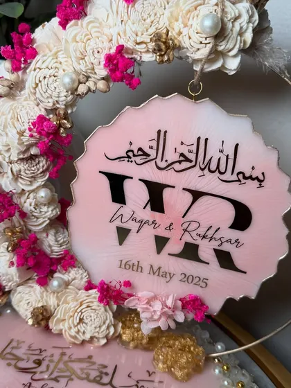 Another angle of the hanging monogram piece, showing how it complements the main platter. The combination of pink, white, and gold is so romantic.