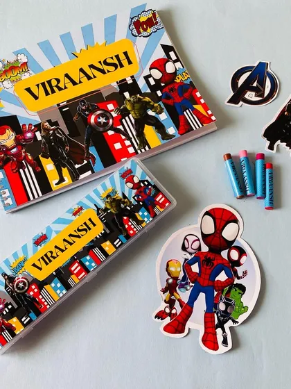 Get your little champs excited for school with this personalised Avengers stationery set. It includes a custom notebook, pencil box, crayons, and fun character cutouts.