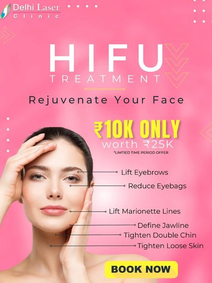 An offer for our HIFU facial treatment, which helps lift eyebrows, reduce eyebags, define the jawline, and tighten loose skin for overall facial rejuvenation.