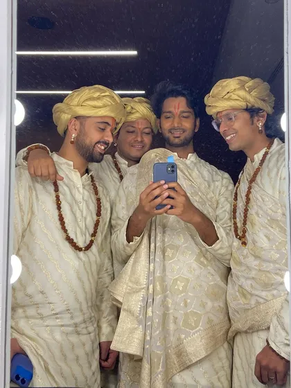 A quick mirror selfie with the boys backstage before our performance at the Anant and Radhika wedding. We were all dressed in traditional attire, ready to perform.